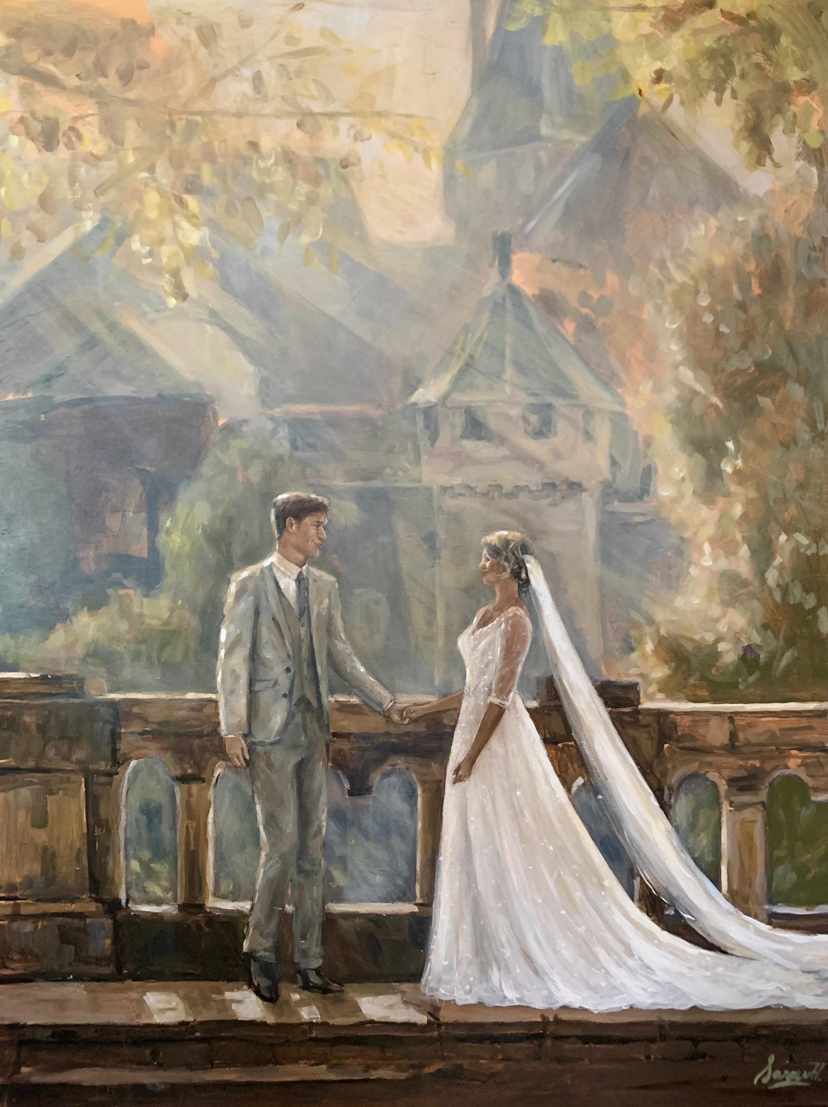 Live wedding painting, bruidspaar op een terras met kasteeluitzicht in herfstlicht